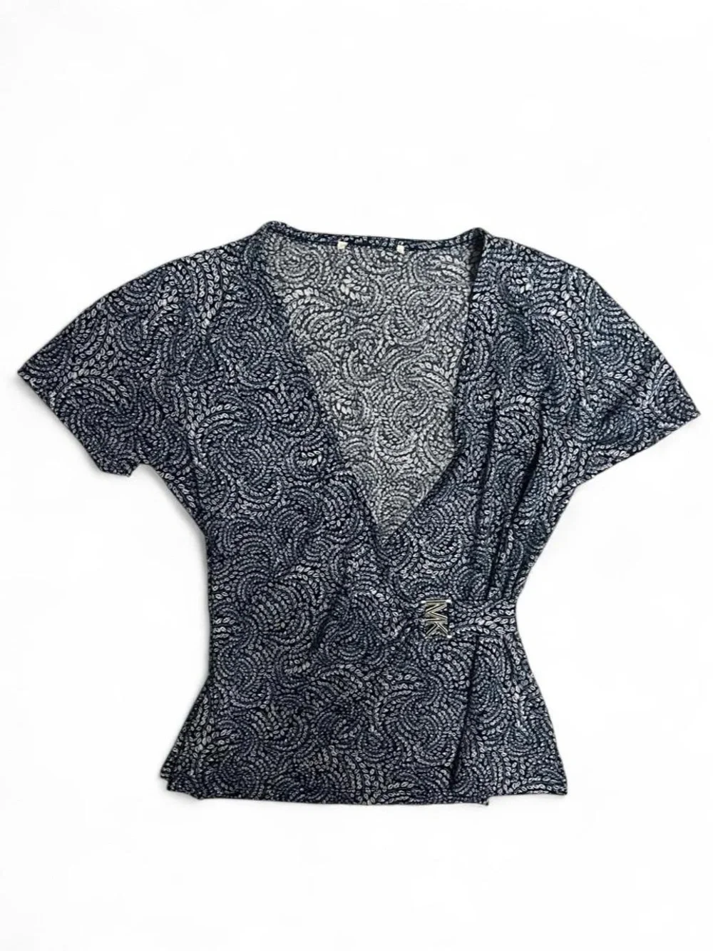 Michael Kors Navy and White Faux-Wrap Short Sleeve Blouse